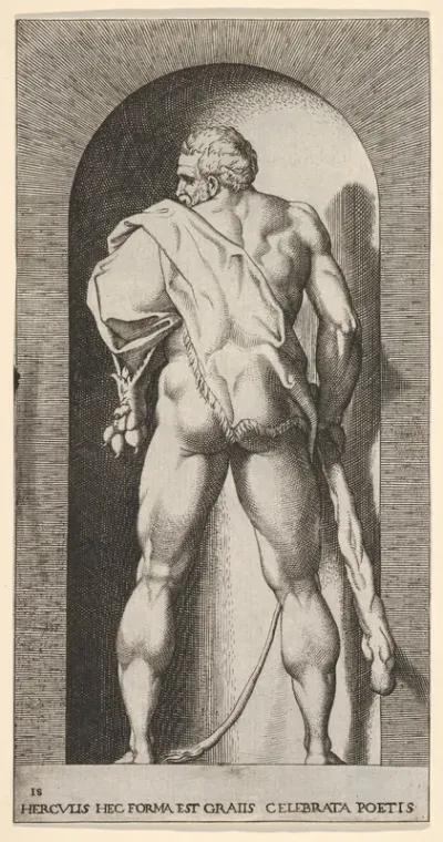 Plate 15: Hercules standing in a niche, wearing a lion skin and holding a club, viewed from behind, with his head turned to the left, from "Mythological Gods and Goddesses"