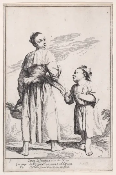 Plate 15: Menghina leaving the garden with a basket filled with herbs and encountering Cacasenno, from "Bertoldo, Bertoldino, and Cacasenno"