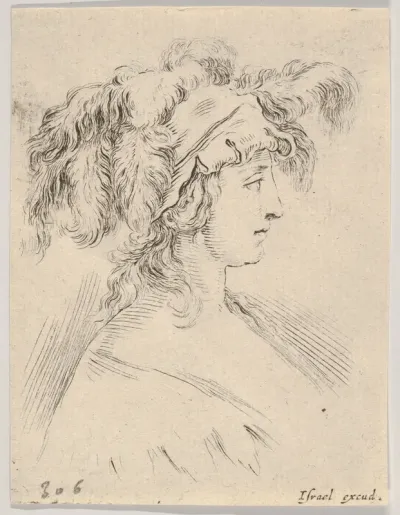 Plate 15: Mid-bust of a young woman in profile wearing a hat topped with feathers, from "The Book for Learning to Draw" (Livre pour apprendre à dessiner)
