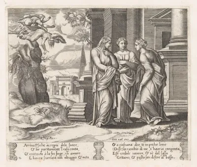 Plate 15: Psyche telling her sisters about her misfortunes, with her sisters falling off of a precipice at upper left, from "The Story of Cupid and Psyche as told by Apuleius"