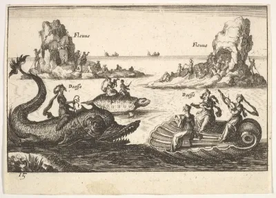 Plate 15: Rivers and goddesses, with floating islands, from "The magnificent pageant on the river Arno in Florence for the marriage of the Grand Duke" (Le Magnifique carousel fait sur le fleuve de l'Arne a Florence, pour le mariage du Grand Duc)