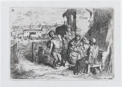 Plate 16: a group of people outdoors, including a man pouring wine or water from a vessel on his back, from "Customs and Pastimes of the Spanish People"