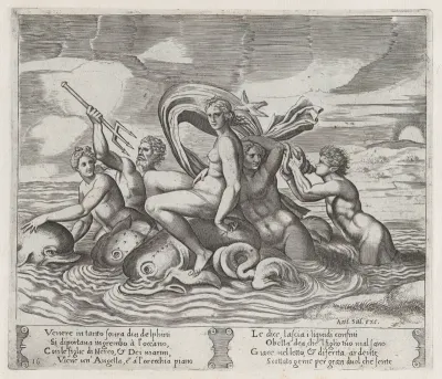 Plate 16: A white bird tells Psyche of Cupid's illness, as she rides dolphins on the sea accompanied by tritons and nereids, from "The Story of Cupid and Psyche as told by Apuleius"
