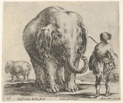 Plate 16: an elephant in center, his mahout standing to the right wearing an Oriental costume, another elephant to left in background, from "Diversi Capricci"