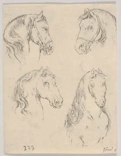 Plate 16: Four studies of horse heads, from "Various heads and figures" (Diverses têtes et figures)