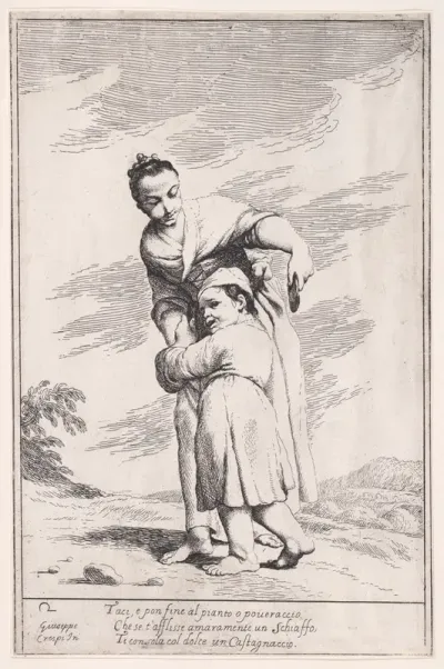 Plate 16: Menghina quiets Cacasenno with a chestnut cake, from "Bertoldo, Bertoldino, and Cacasenno"