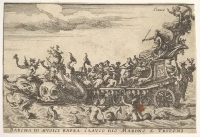 Plate 16: Ship of musicians with the sea god Claucus and tritons (Barcha di musici rapra Clauco dio marino e Tritoni), from "The magnificent pageant on the river Arno in Florence for the marriage of the Grand Duke" (Le Magnifique carousel fait sur le