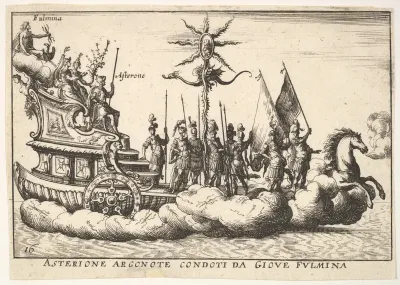Plate 16: The Argonaut Asterion led by a young figure of lightning (Asterione argonote condoti da Giove fulmina), from "The magnificent pageant on the river Arno in Florence for the marriage of the Grand Duke" (Le Magnifique carousel fait sur le fleu