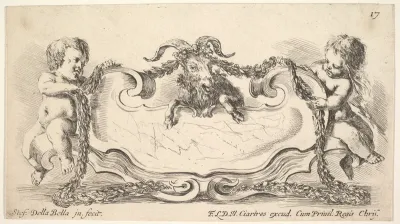 Plate 17: A cartouche with a marble center, an infant on either side holding a garland over the horns of a ram in center, from "Collection of various caprices and new inventions of cards and ornaments" (Raccolta di varii cappriccii et nove inventioni