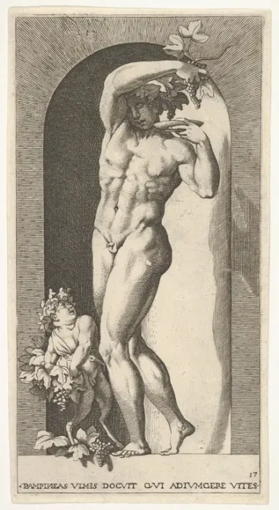 Plate 17: Bacchus standing in a niche, holding grapes over a plate, accompanied by an infant satyr, from a series of mythological gods and goddesses