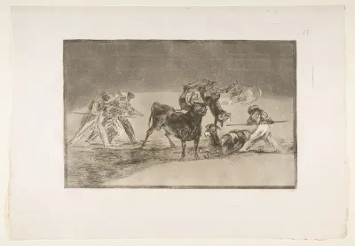 Plate 17 of "La Tauromaquia": The Moors use donkeys as a barrier to defend themselves against the bull whose horns have been tipped with balls