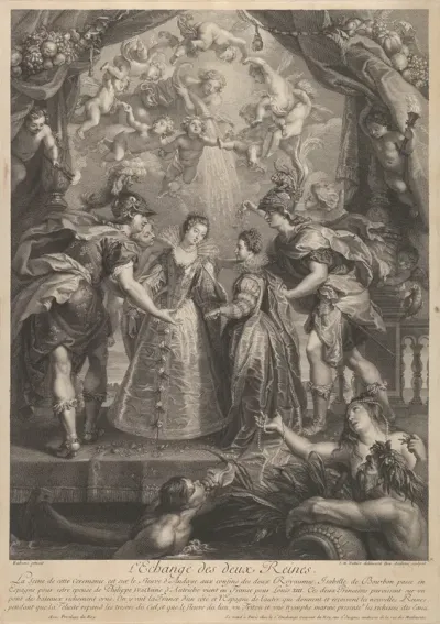 Plate 17: The exchange of the two princesses in Hendaye; allegorical scene with Anne of Austria and Elizabeth of Bourbon standing on a bridge holding hands, from "Recueil de la Galerie du Luxembourg"