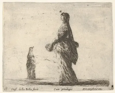 Plate 18: a noblewoman walking towards the left with a feathered fan, another woman in background to left, from "Diversi Capricci"