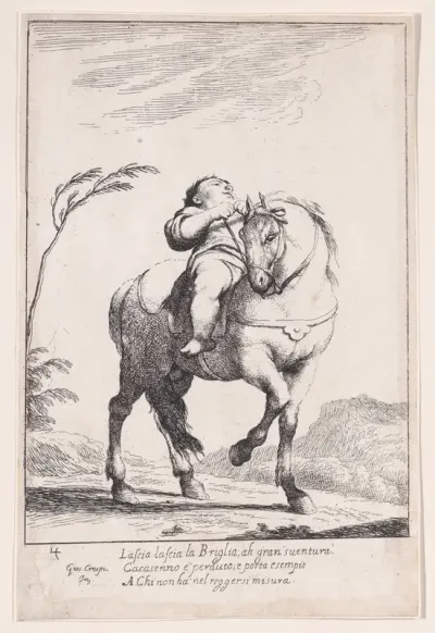 Plate 18: Cacasenno on horseback, from "Bertoldo, Bertoldino, and Cacasenno"