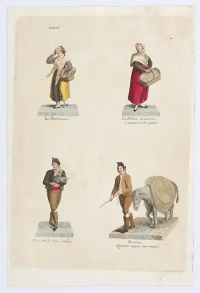 Plate 18: four street vendors from Madrid selling food, a pig etc, from 'Los Gritos de Madrid' (The Cries of Madrid)