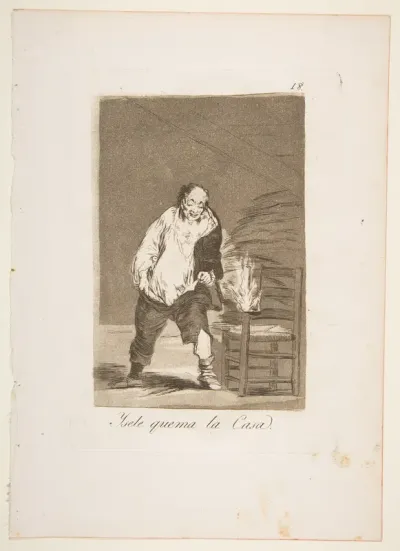 Plate 18 from "Los Caprichos": And his house is on fire (Ysele quema la Casa)