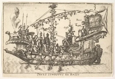 Plate 18: Orpheus led by Bacchus (Orfeo condotto da Bacco), from "The magnificent pageant on the river Arno in Florence for the marriage of the Grand Duke" (Le Magnifique carousel fait sur le fleuve de l'Arne a Florence, pour le mariage du Grand Duc)