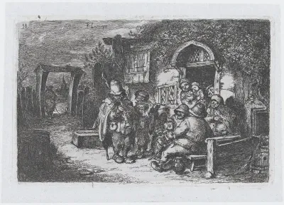 Plate 18: street musicians and other figures outisde a tavern, from "Customs and Pastimes of the Spanish People"