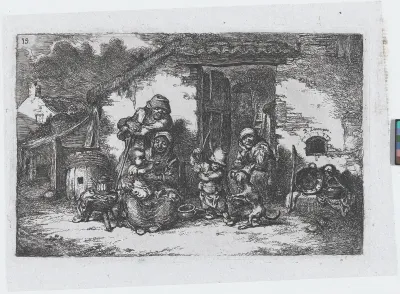 Plate 19: a family and a boy playing with a dog outside a house, from "Customs and Pastimes of the Spanish People"