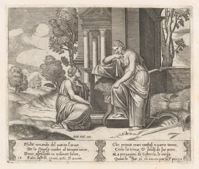 Plate 19: Ceres at right, leaning on a pedestal, refusing to assist Psyche, from "The Story of Cupid and Psyche as told by Apuleius"