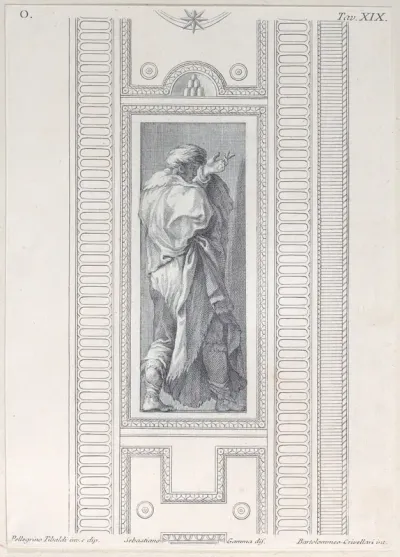 Plate 19: figure seen from behind with left hand raised