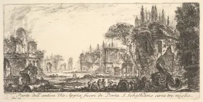 Plate 19: Part of the ancient Appian Way about three miles outside Porta S. Sebastiano, from "Alcune Vedute di Archi Trionfali ed altri monumenti inalzati da Romani parte de quali se veggono in Roma e parte per l'Italia" (Some Views of Triumphal Arch