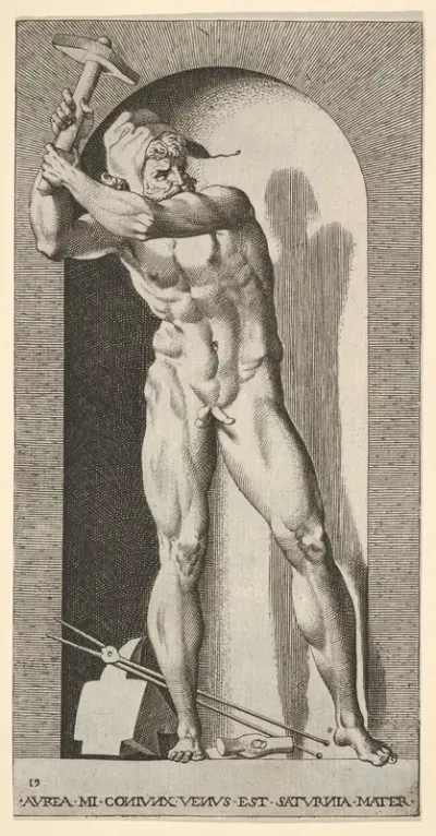 Plate 19: Vulcan standing in a niche swinging a hammer, with an anvil, hammer, and tongs at his feet, from "Mythological Gods and Goddesses"