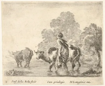 Plate 2: a peasant woman herds two cows across a stream, walking towards the left, from "Diversi Capricci"