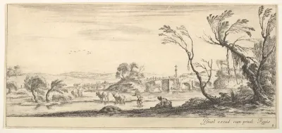Plate 2: a peasant woman removing her shoes in center, another peasant woman and two cows in a stream to left, a bridge to right in the background, from "Various Landscapes" (Divers Paysages)