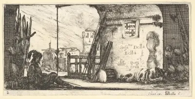 Plate 2: a soldier seated to left beneath an archway, another lying on the ground to right alongside military equipment, from "Troops, cannons, and attacks on towns" (Dessins de quelques conduites de troupes, canons, et ataques de villes)