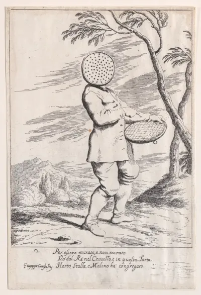 Plate 2: Bertoldo holding a tart in his hand and wearing a sieve on his head, from "Bertoldo, Bertoldino, and Cacasenno"