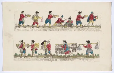 Plate 2 depicting the trades of Rome, here including vendors of fish, sieves, candles etc, from the 'Descrición de las artes que se llaman para los calles de la ciudad de Roma'