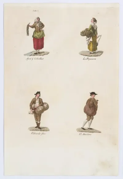 Plate 2: four street vendors from Madrid selling garlic and onions, cucumbers, fine crockery, oil, from 'Los Gritos de Madrid' (The Cries of Madrid)
