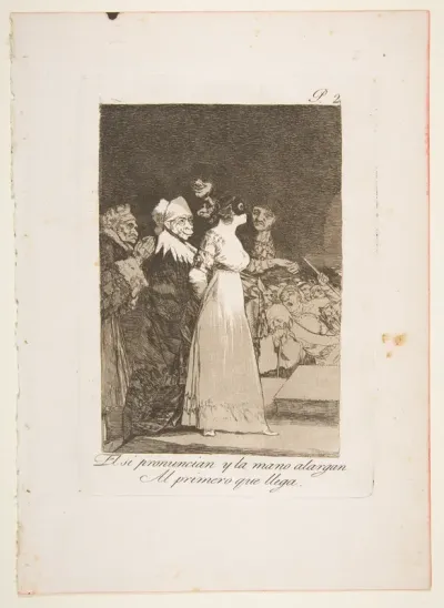 Plate 2 from "Los Caprichos": They say yes and give their hand to the first comer (El si pronuncian y la mano alargen al primero que llega)
