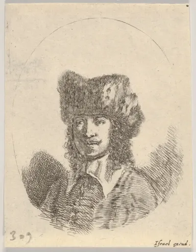 Plate 2: Head of a man with a moustache and fur cap facing left, from "Various heads and figures" (Diverses têtes et figures)