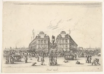 Plate 2: La Place Dauphine, on the coast of Pont Neuf, the equestrian statue of Louis XIII in center, seen from the back and numerous figures, from "Various Figures" (Agréable diversité de figures)