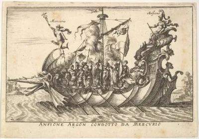 Plate 2: The Argonaut Amphion led by Mercury (Anfione Argon. condotto da Mercurio), from "The magnificent pageant on the river Arno in Florence for the marriage of the Grand Duke" (Le Magnifique carousel fait sur le fleuve de l'Arne a Florence, pour 