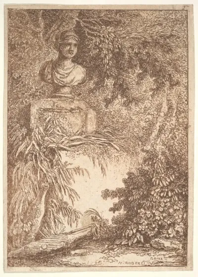 Plate 2: The Bust: a bust of a female wearing a diadem at top left, two amphoras at bottom left, surrounded by trees and greenery, from "Les soirées de Rome"