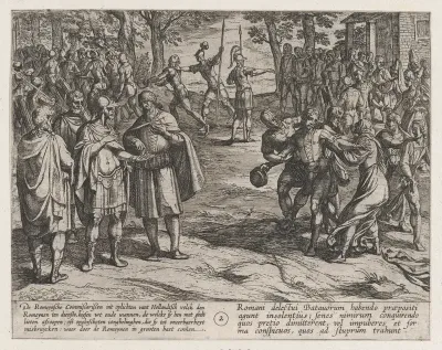 Plate 2: The Romans Taking Old Dutch Men as Hostages and Seducing Young Ones, from "The War of the Romans Against the Batavians" (Romanorvm et Batavorvm societas)