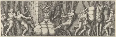 Plate 2: various figures carrying out tasks that include tying a sack and loading a horse