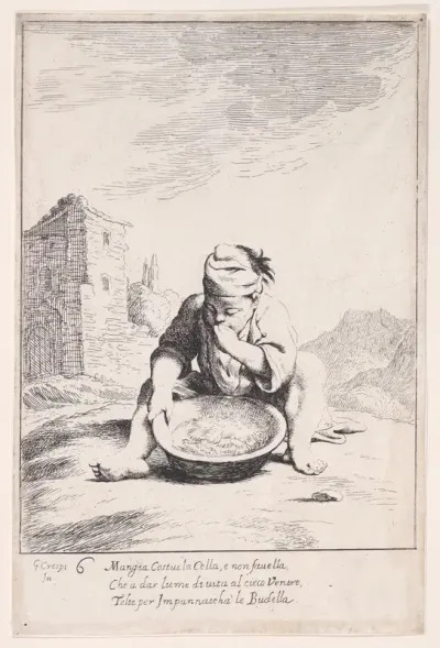 Plate 20: Cacasenno eating a bowl of pasta, from "Bertoldo, Bertoldino, and Cacasenno"