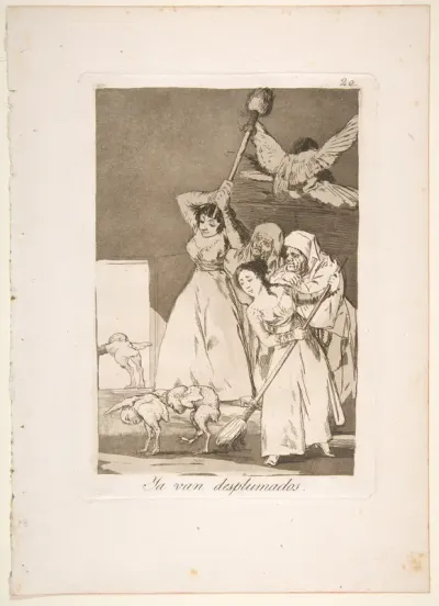 Plate 20 from "Los Caprichos": There they go plucked (i.e. fleeced) (Ya van desplumados)