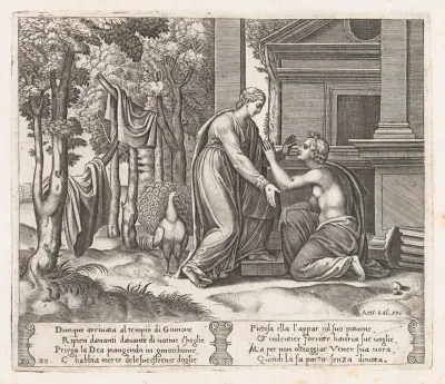 Plate 20: Juno, standing at left, sends away Psyche, who kneels before her, from "The Story of Cupid and Psyche as told by Apuleius"
