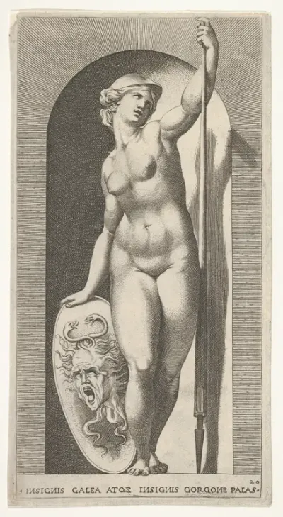Plate 20: Pallas Athena holding a shield with Medusa's head in her right hand and a lance in her left hand, from a series of mythological gods and goddesses