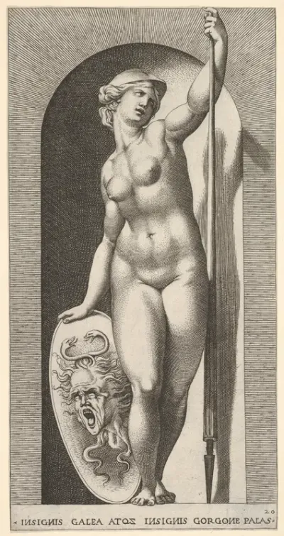 Plate 20: Pallas Athena holding a shield with Medusa's head in her right hand and a lance in her left hand, from "Mythological Gods and Goddesses"