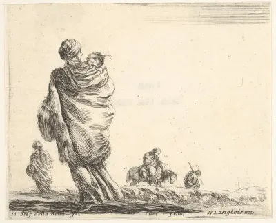 Plate 21: a poor woman to left, seen from behind, enveloping her child in a shawl, another woman seen from behind to left in background, a woman atop a horse and a man to right in background, from "Diversi Capricci"
