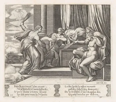 Plate 21: Female personifications of Sorrow and Pain at right punishing Psyche at the behest of Venus, who sits at right, from "The Story of Cupid and Psyche as told by Apuleius"