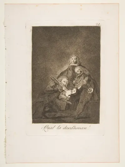 Plate 21 from "Los Caprichos": How they pluck her! (¡Qual la descañonan!)