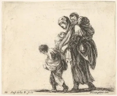 Plate 22: a beggar woman with three children, one child on her shoulders, one child in her arms, and one child who walks in front of her to left, from "Diversi Capricci"