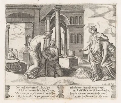 Plate 22: Venus standing at right ordering Psyche to sort a pile of grain, at left the same pair hold a loaf of bread, from "The Story of Cupid and Psyche as told by Apuleius"